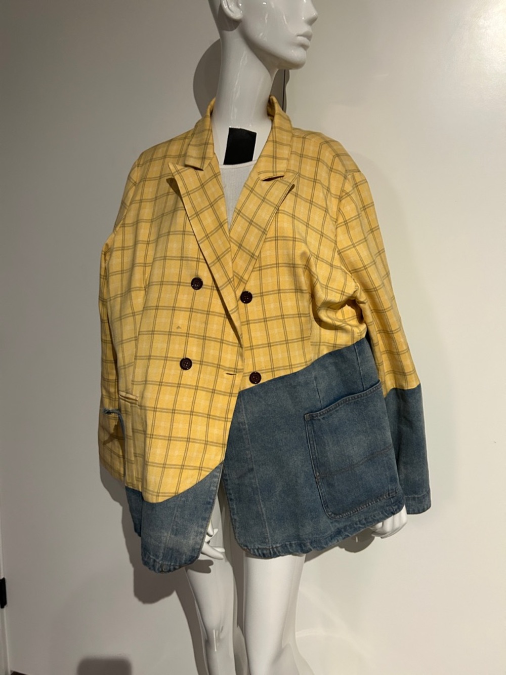 Yellow Plaid and Denim Patchwork Blazer Jacket - Women's